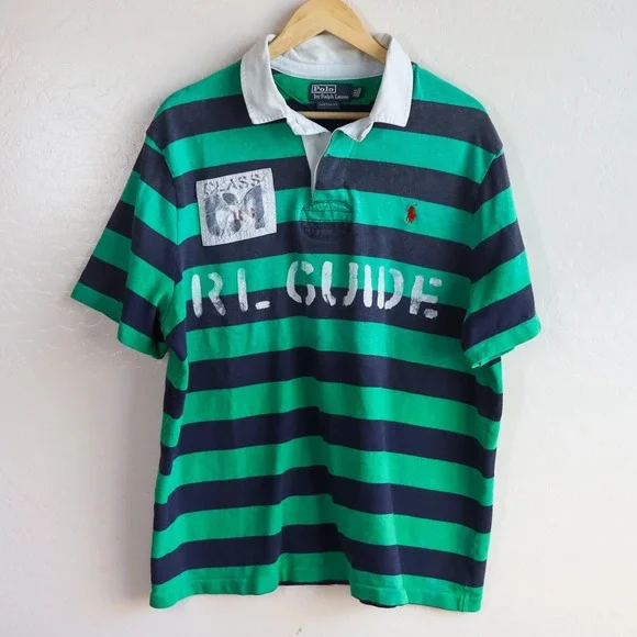 Vintage Polo Ralph Lauren RL Guide Striped Rugby Shirt Green Navy XXL Custom Fit - Picture 1 of 13